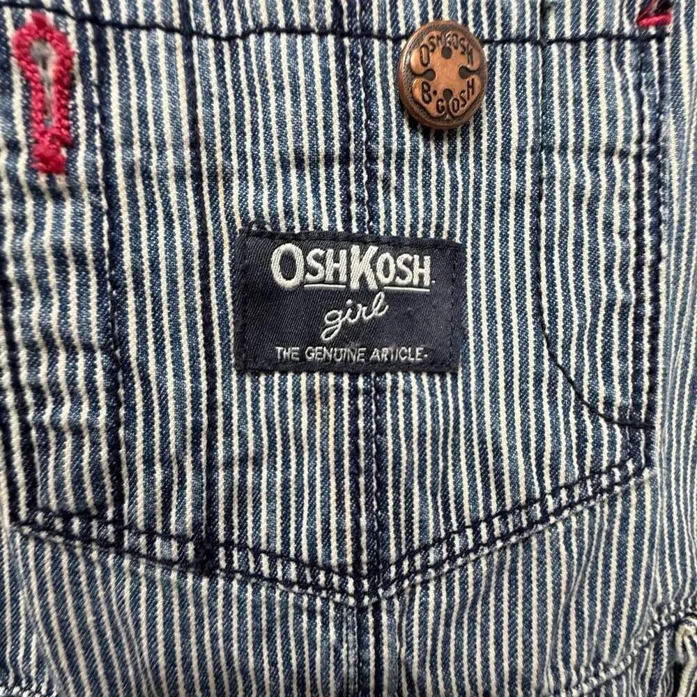 OshKosh BGosh Hickory Stripe Denim Bib Overalls Blue Pink Girls 24 Mos Railroad‎